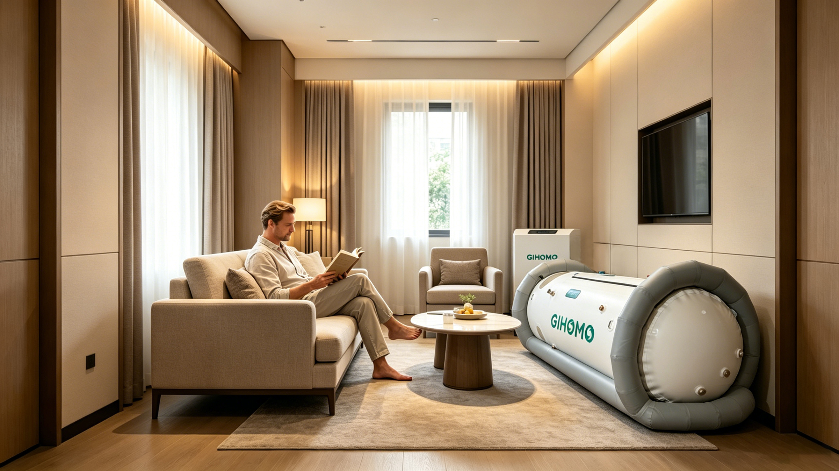 Lying type 1.5ATA soft shell hyperbaric chamber running HBOT premium service inside private commercial wellness room
